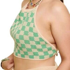 Earthbound Green Tan Checkered Crochet Knitted Halter Top Size s/m Hippie